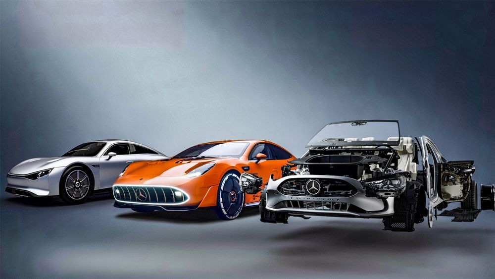 Vozidlá z priekopníckych technologických programov XX spoločnosti Mercedes-Benz. Vľavo, VISION EQXX, v strede CONCEPT AMG GT XX, vpravo príklady inovatívnych komponentov a materiálov z programu Tomorrow XX.