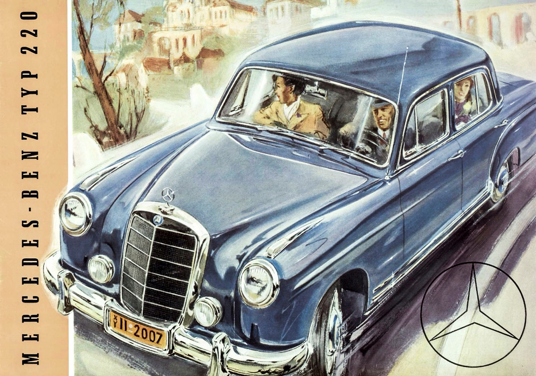 Mercedes-Benz 220 (W 180). Sedan s „pontónovou“ karosériou so šesťvalcovým motorom bol predstavený na ženevskom autosalóne od 11. do 21. marca 1954. Titulná strana predajného prospektu z marca 1954.